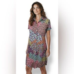 JBS Women’s Short Sleeve Button Front A-Line Shirt Dress Peacock Multicolor L